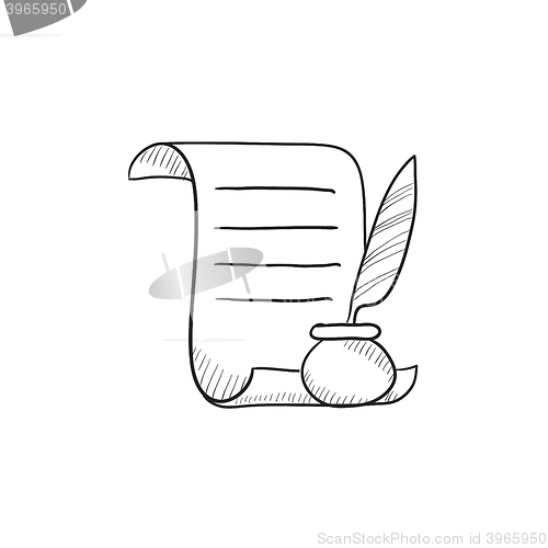 Image of Paper scroll with feather pen sketch icon.