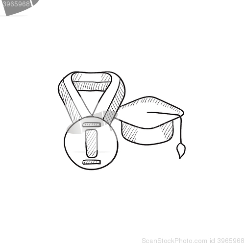 Image of Graduation cap with medal sketch icon.