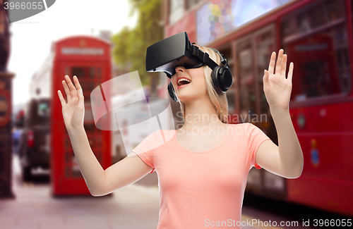 Image of woman in virtual reality headset or 3d glasses