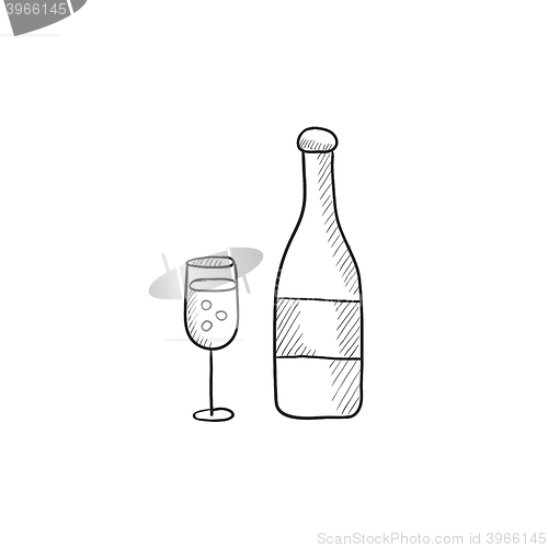 Image of Bottle of champaign and glass sketch icon.
