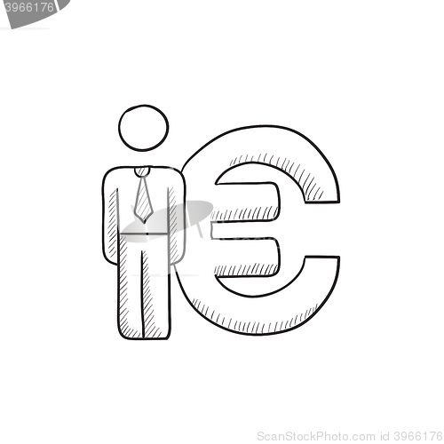 Image of Businessman stands near Euro symbol sketch icon.