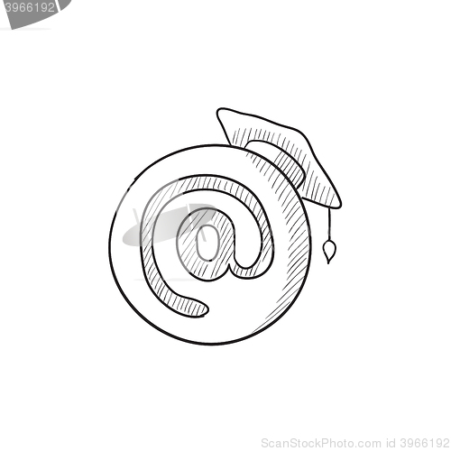 Image of Graduation cap with at sign sketch icon.
