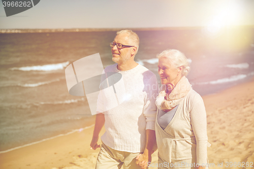 Image of happy senior couple walking along summer beach