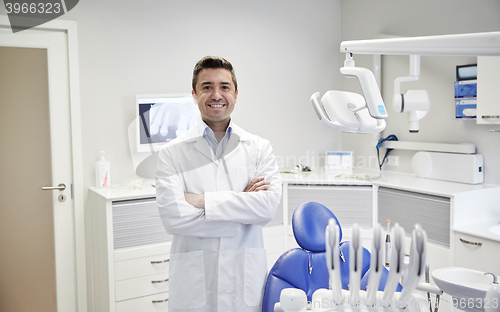 Image of happy male dentist at dental clinic office