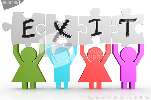 Image of Four people hold puzzle with exit word.