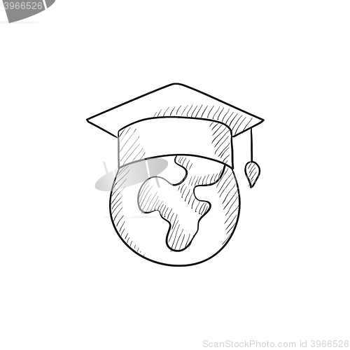 Image of Globe in graduation cap sketch icon.