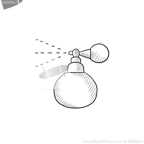 Image of Perfume bottle spraying sketch icon.