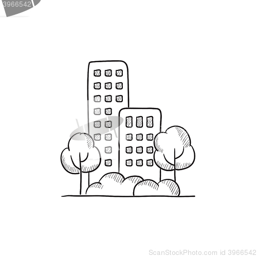 Image of Residential building with trees sketch icon.