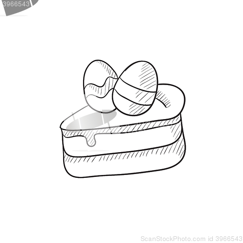 Image of Easter cake with eggs sketch icon.