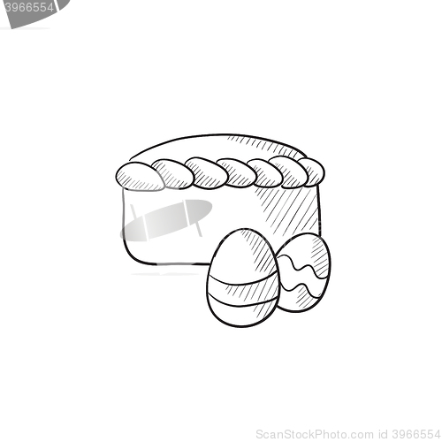 Image of Easter cake with eggs sketch icon.