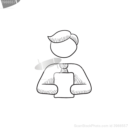 Image of Man holding digital tablet sketch icon.