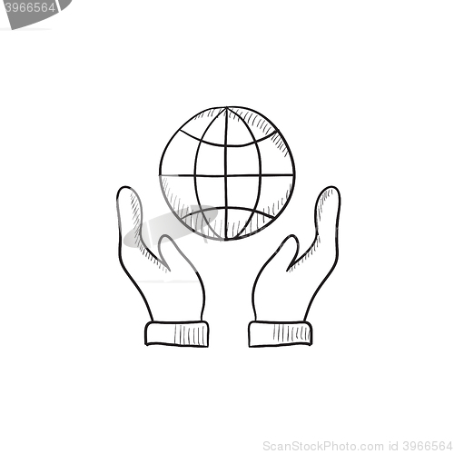 Image of Two hands holding globe sketch icon.