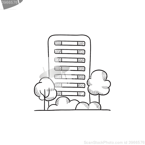 Image of Residential building with trees sketch icon.