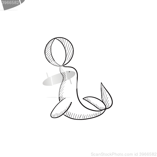 Image of Trained fur seal playing with ball sketch icon.