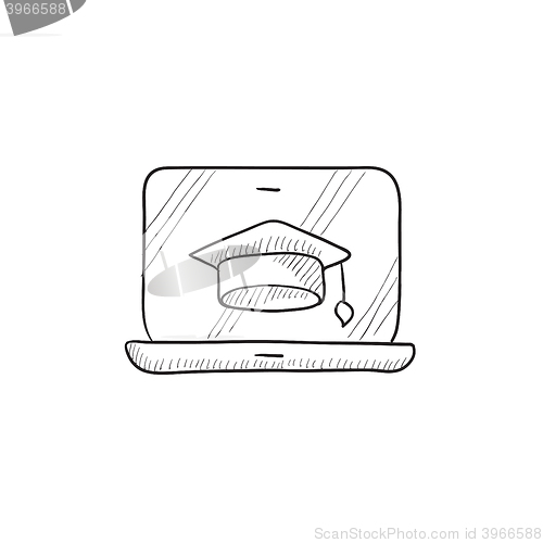 Image of Laptop with graduation cap on screen sketch icon.