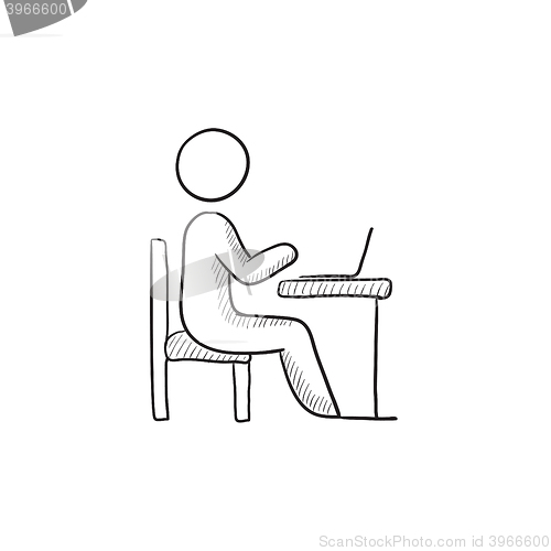 Image of Businessman working on laptop sketch icon.