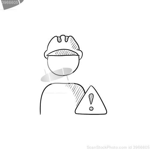 Image of Worker with caution sign sketch icon.