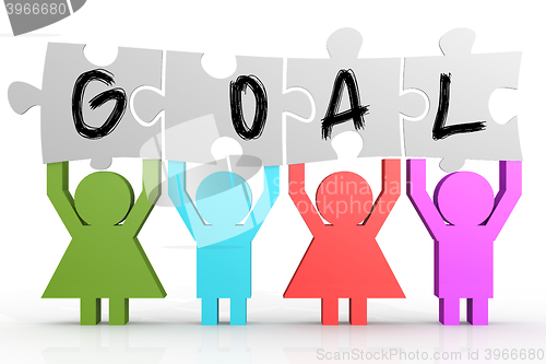 Image of Four people hold puzzle with goal word