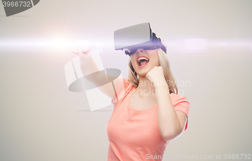 Image of woman in virtual reality headset or 3d glasses