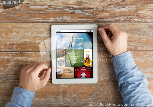 Image of close up of male hands to tablet pc on table