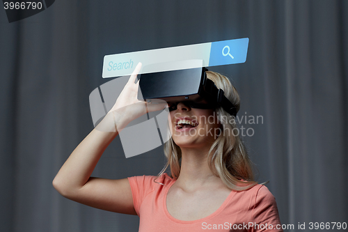 Image of woman in virtual reality headset or 3d glasses