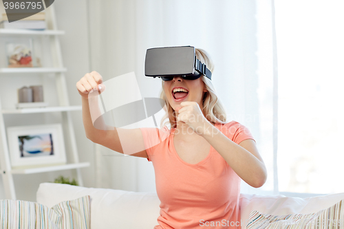 Image of woman in virtual reality headset or 3d glasses