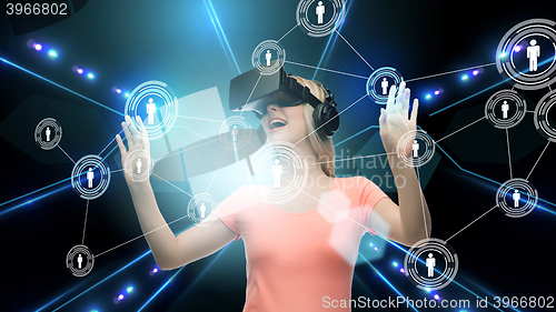 Image of woman in virtual reality headset or 3d glasses