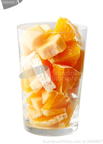 Image of glass of fruit pieces for making smoothie
