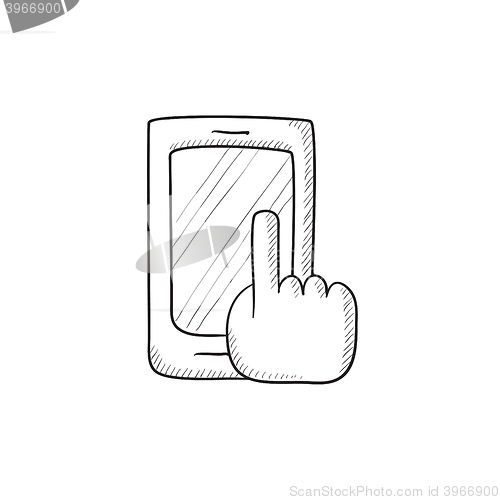 Image of Finger pointing at smart phone sketch icon.
