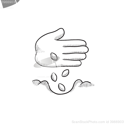 Image of Hand planting seeds in ground sketch icon.