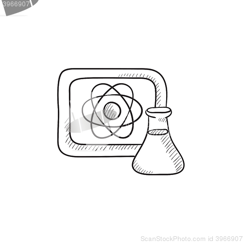 Image of Atom sign drawn on board and flask sketch icon.