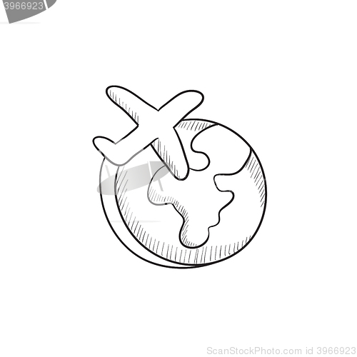 Image of Airplane flying around the world sketch icon.