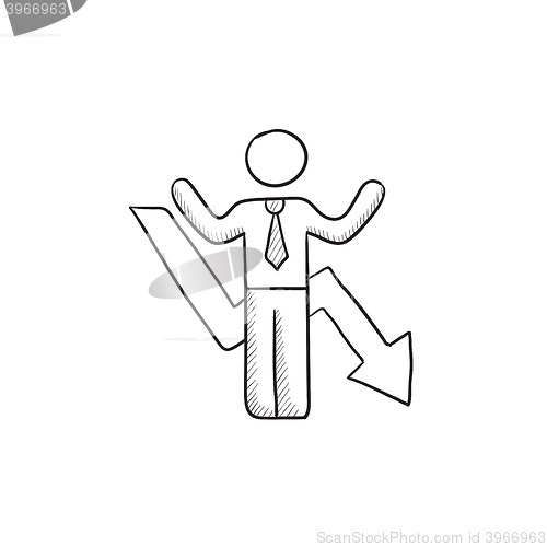 Image of Businessman with arrow down sketch icon.