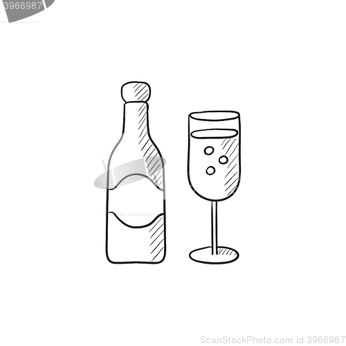 Image of Champagne bottle and two glasses sketch icon.