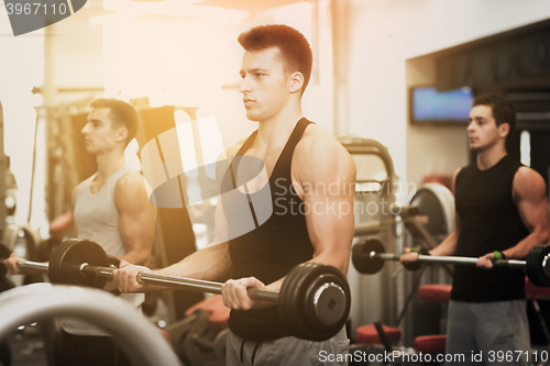 Image of group of men with barbells in gym
