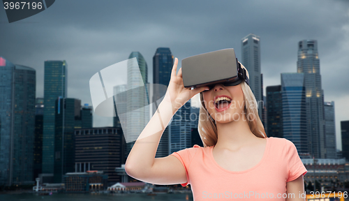 Image of woman in virtual reality headset or 3d glasses