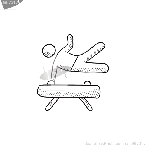 Image of Gymnast exercising on pommel horse sketch icon.