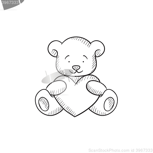 Image of Teddy bear with heart sketch icon.