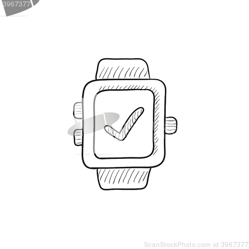 Image of Smartwatch with check sign sketch icon.
