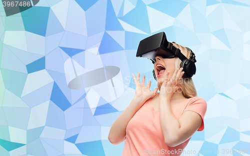 Image of woman in virtual reality headset or 3d glasses