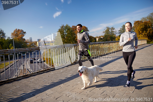 Image of happy couple with dog running outdoors