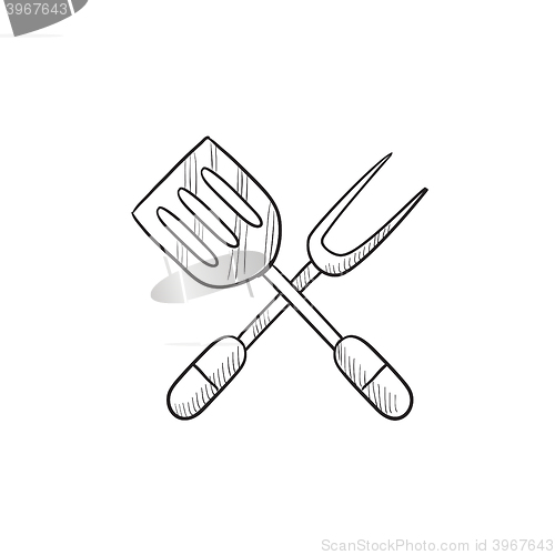 Image of Kitchen spatula and big fork sketch icon.