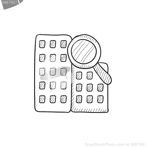 Image of Condominium and magnifying glass sketch icon.