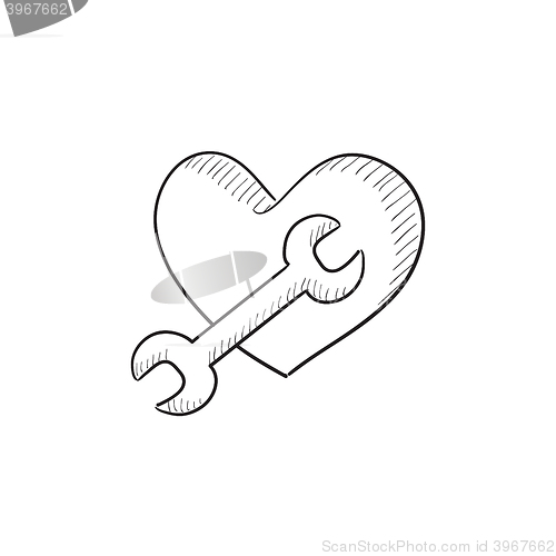 Image of Heart with wrench sketch icon.