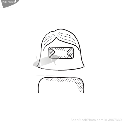 Image of Woman wearing virtual reality headset sketch icon.