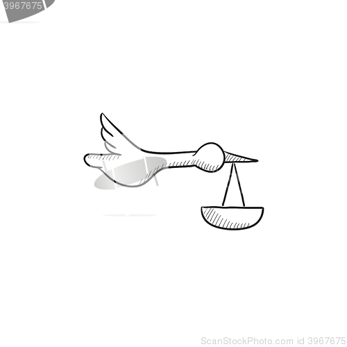 Image of Baby basket with stork sketch icon.