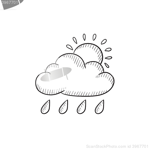 Image of Cloud with rain and sun sketch icon.