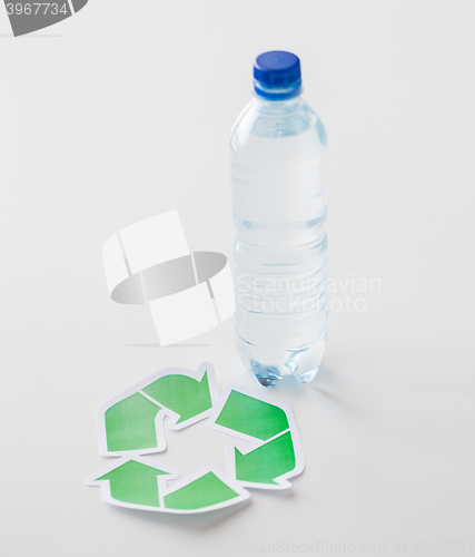 Image of close up of plastic bottle and recycling symbol