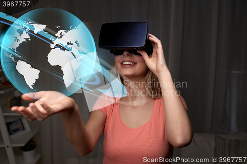 Image of woman in virtual reality headset or 3d glasses