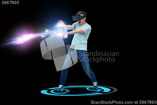 Image of happy man in virtual reality headset or 3d glasses